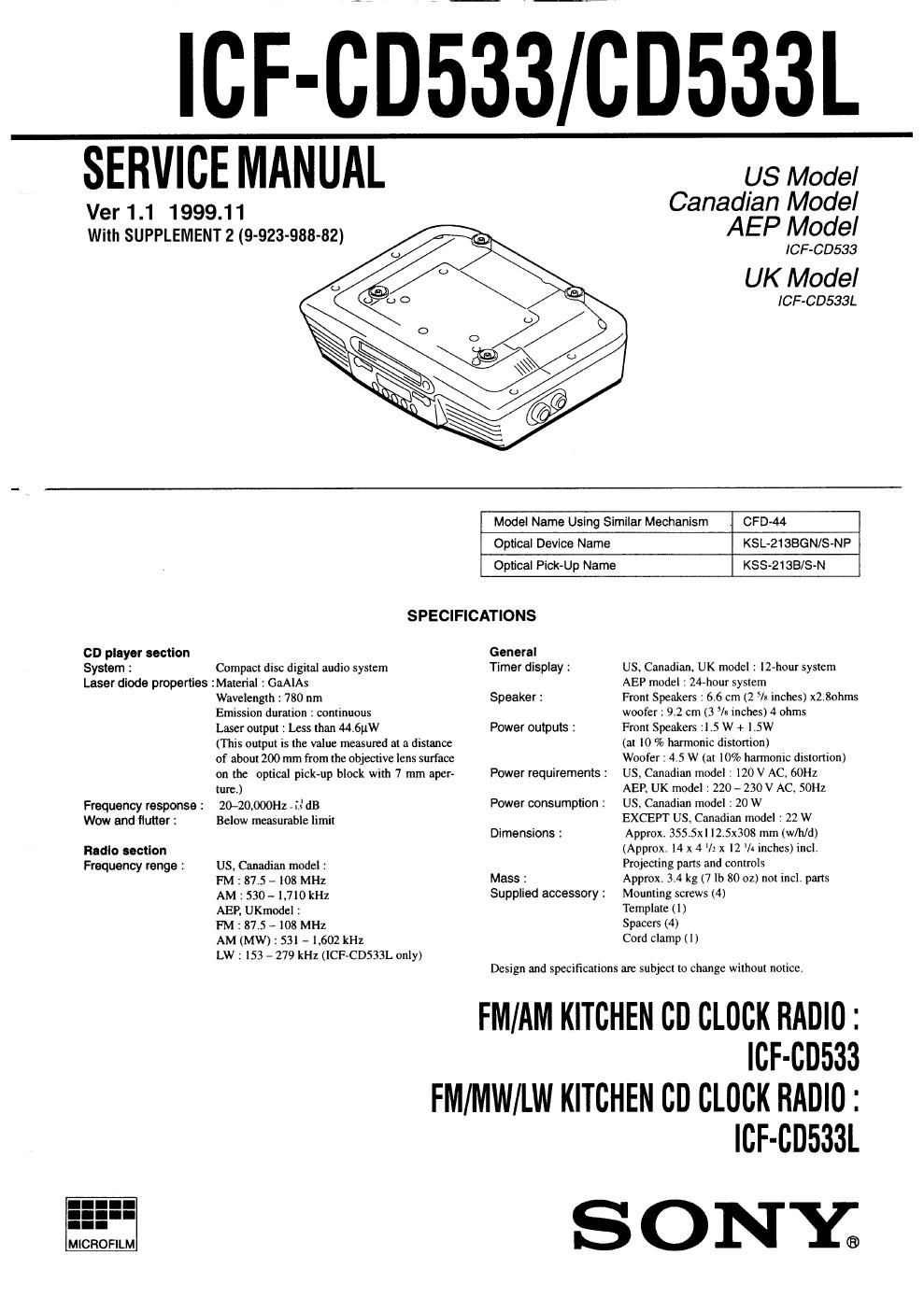 sony icf cd 533 service manual