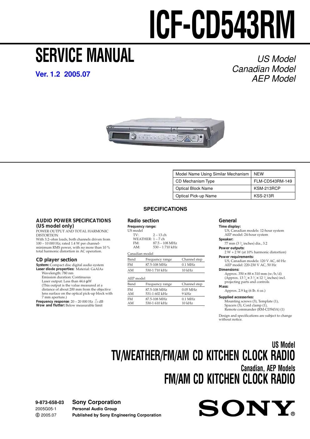 sony icf cd 543 rm service manual
