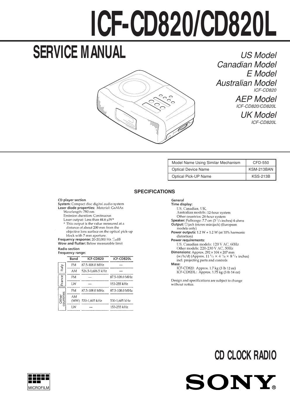 sony icf cd 820 l service manual