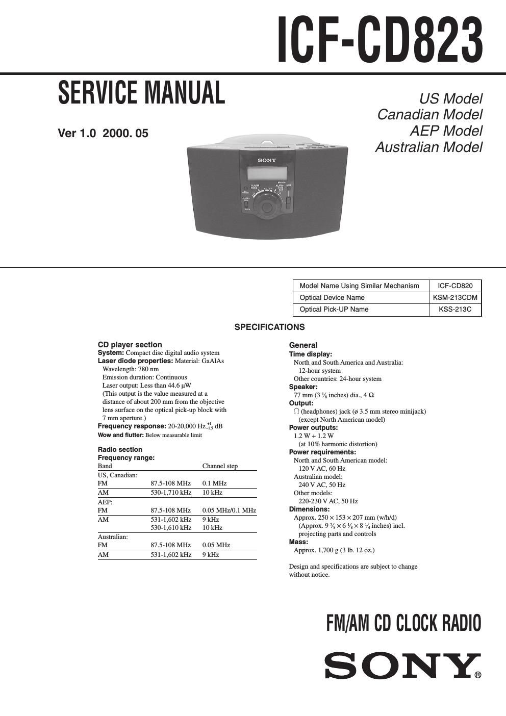 sony icf cd 823 service manual