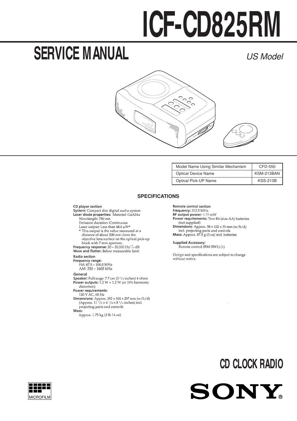 sony icf cd 825 rm service manual