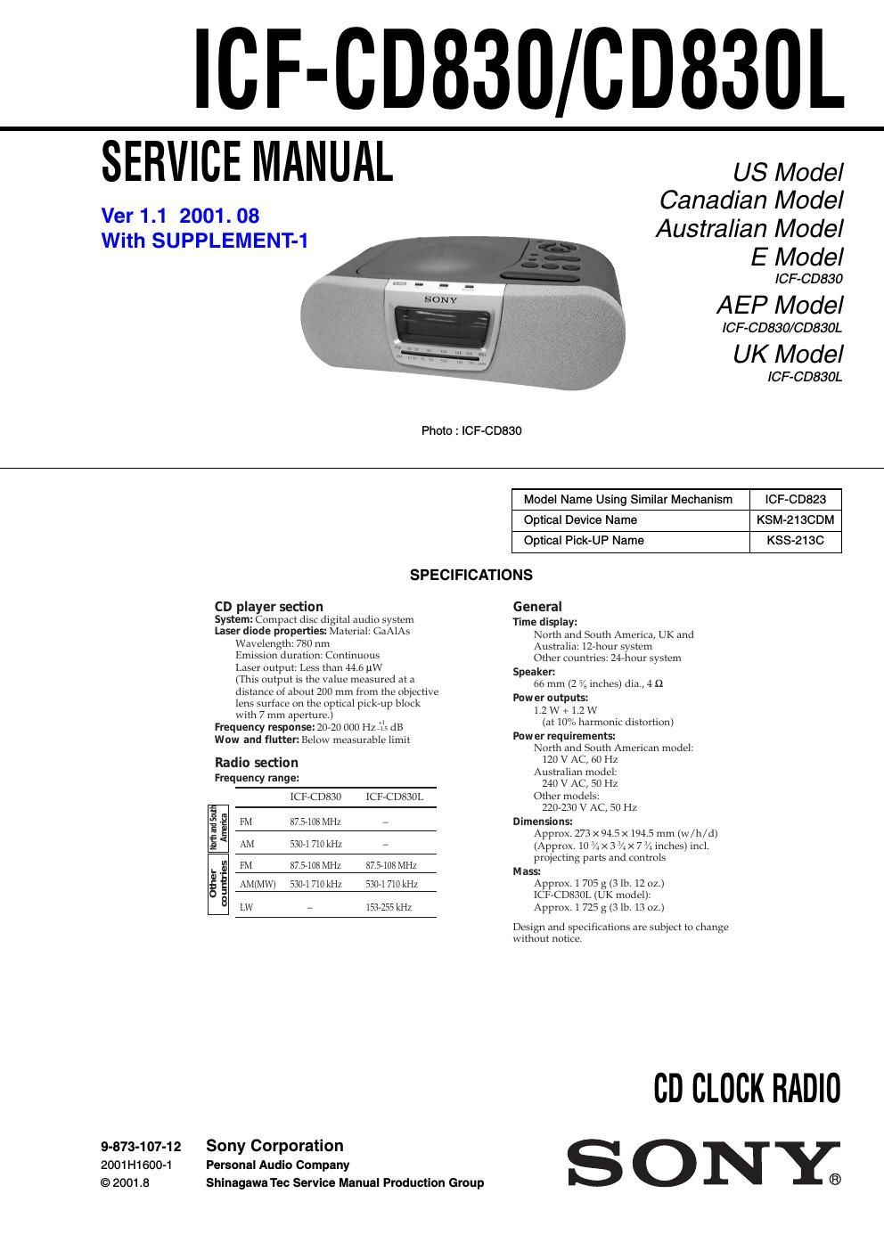 sony icf cd 830 l service manual