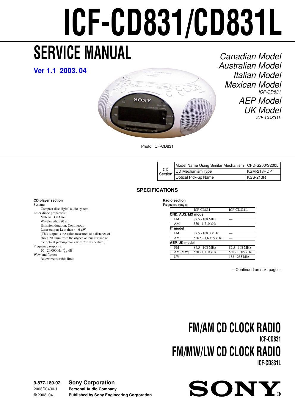 sony icf cd 831 l service manual