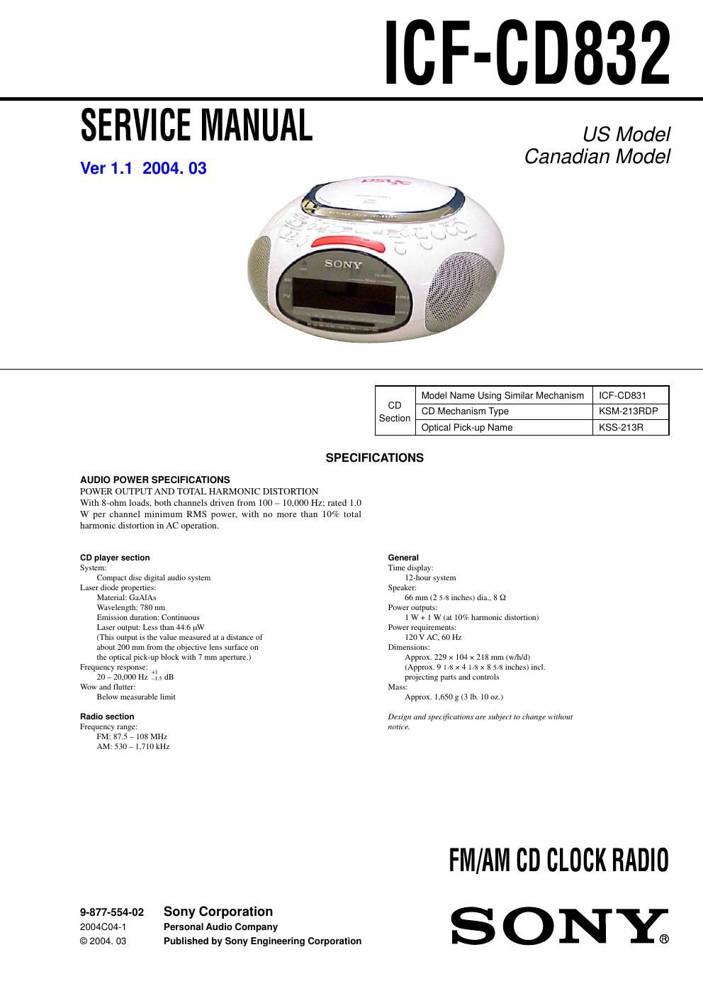 sony icf cd 832 service manual