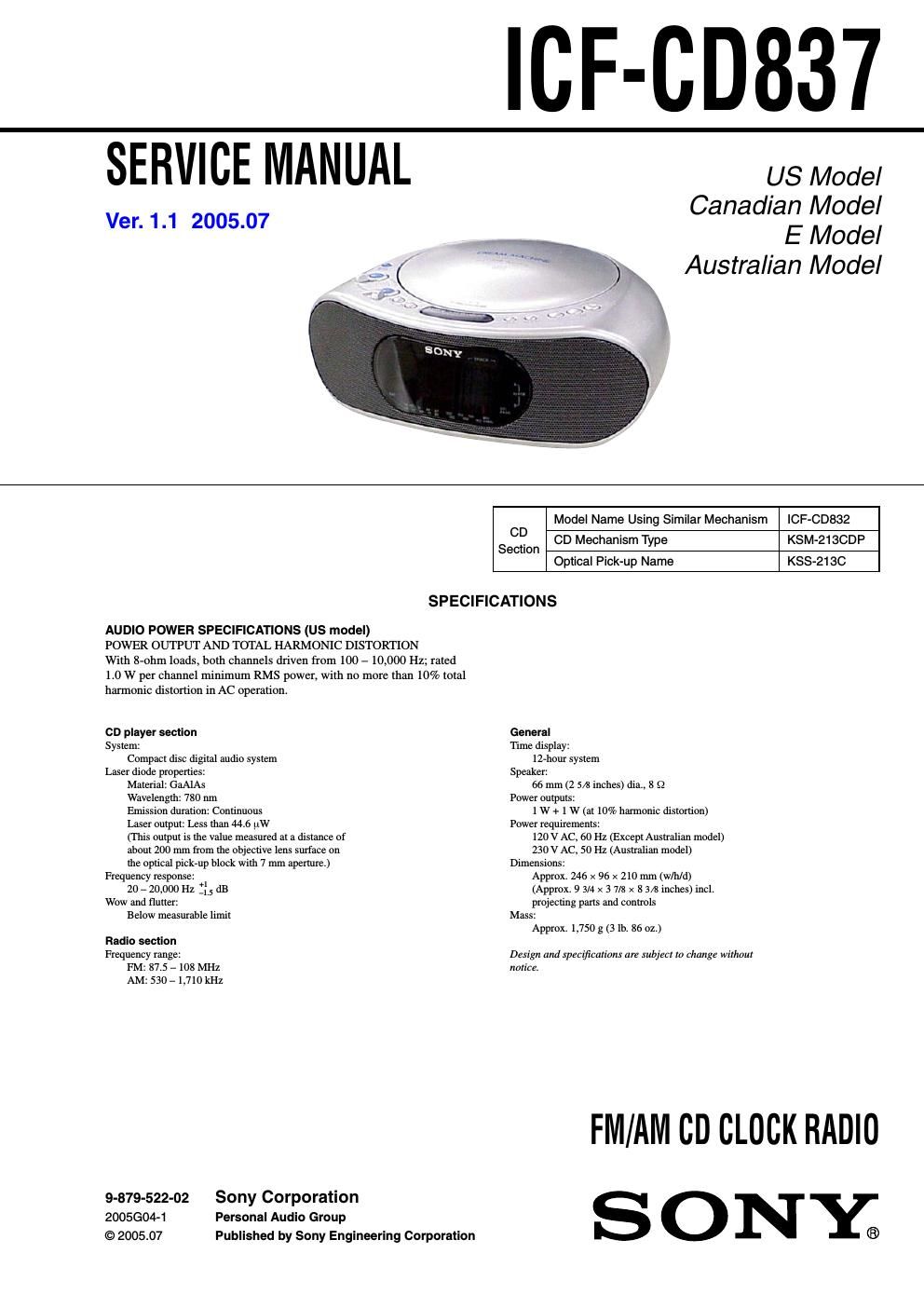 sony icf cd 837 service manual