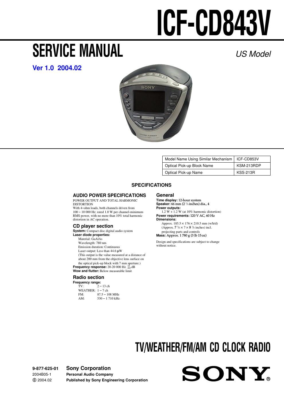 sony icf cd 843 v service manual