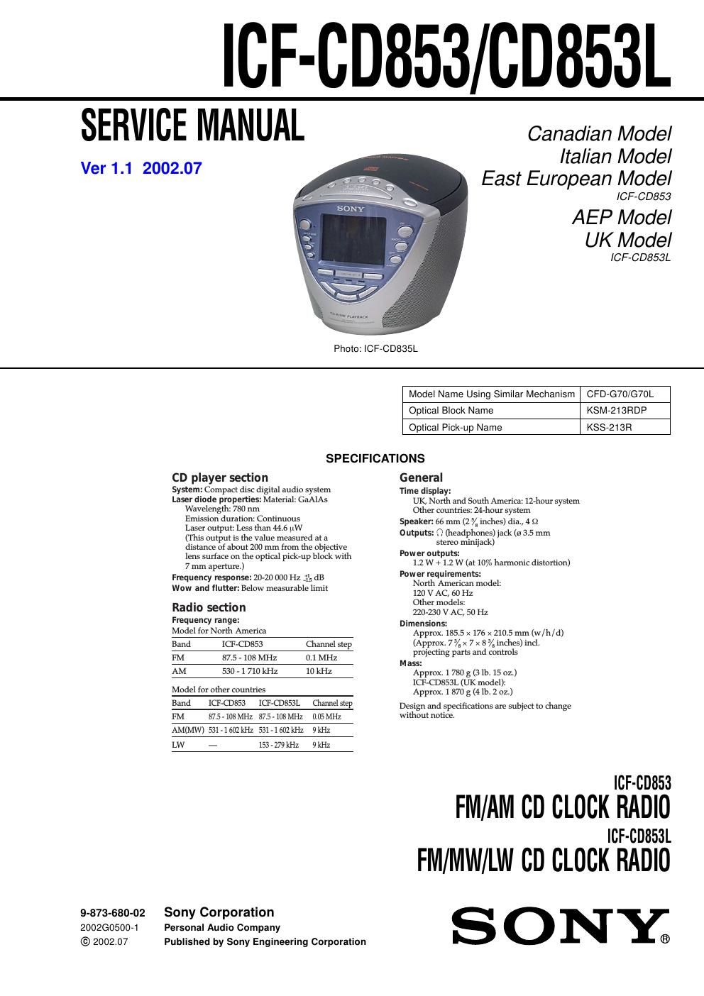 sony icf cd 853 l service manual