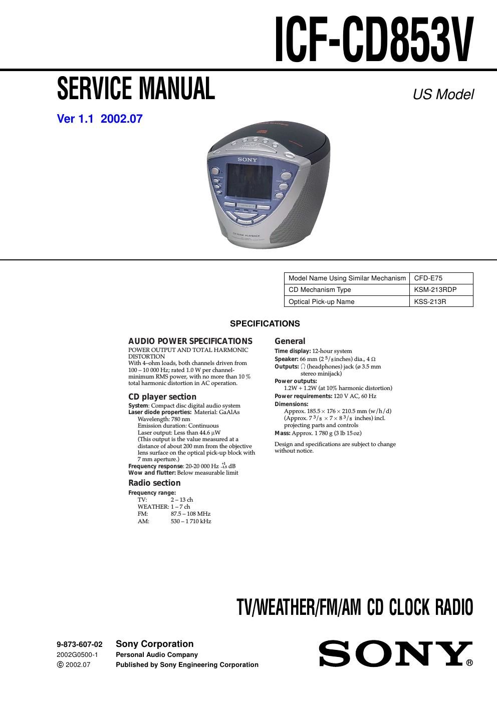 sony icf cd 853 v service manual