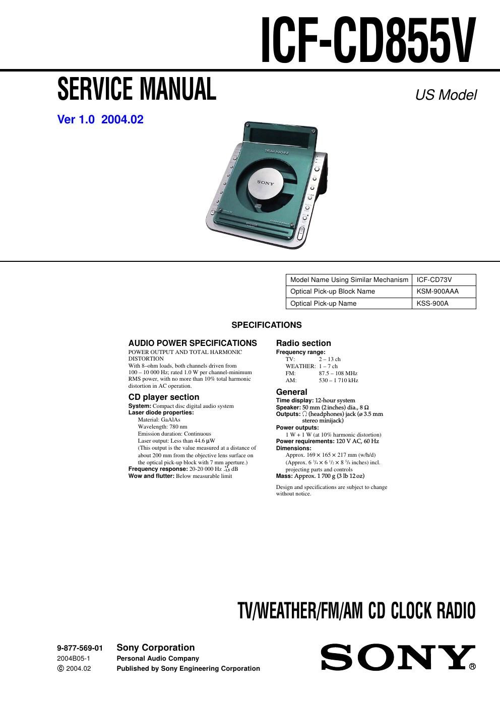 sony icf cd 855 v service manual