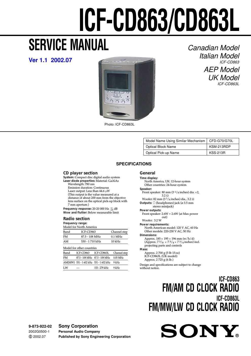 sony icf cd 863 l service manual