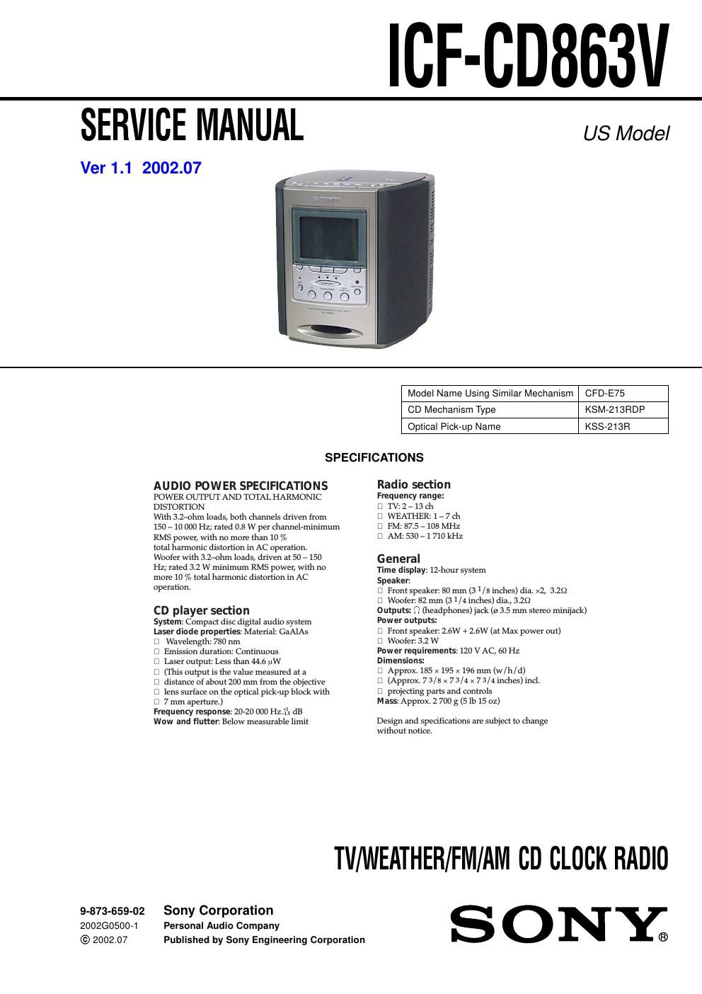 sony icf cd 863 v service manual