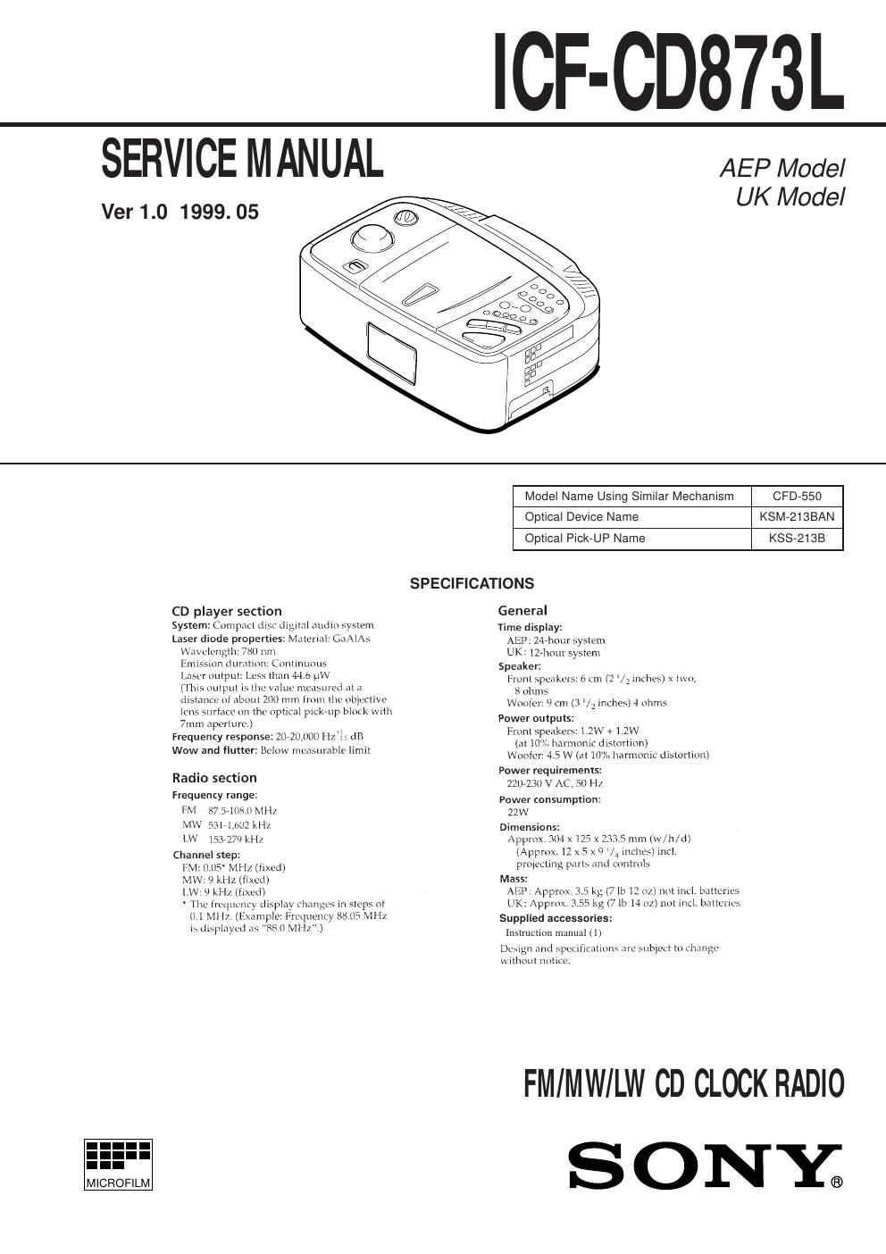sony icf cd 873 l service manual