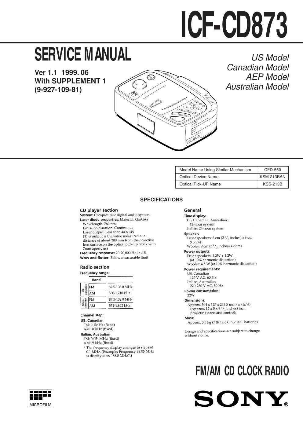 sony icf cd 873 service manual