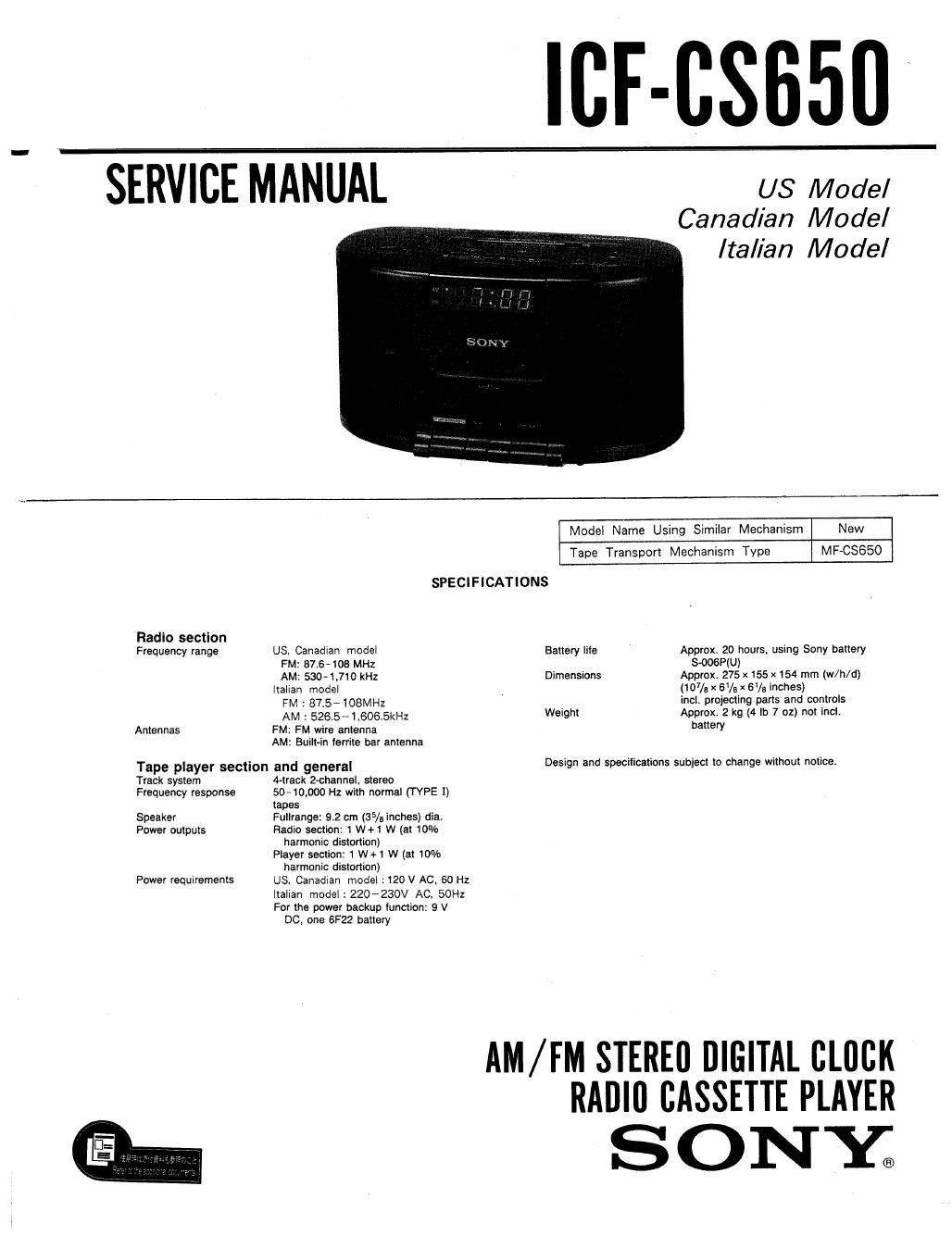 sony icf cs 650 service manual