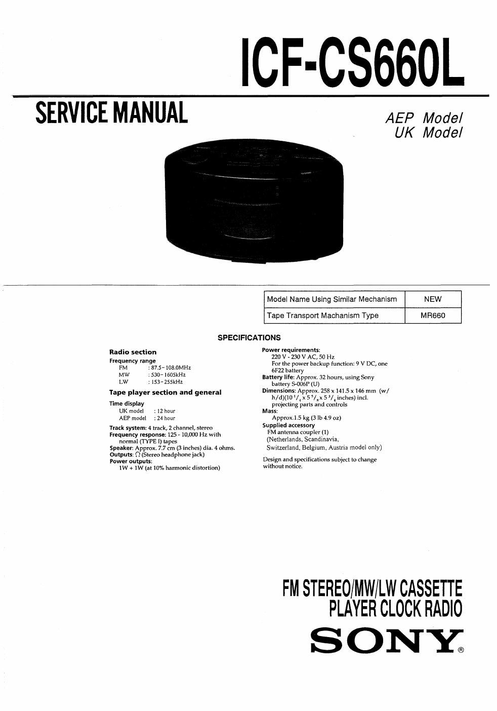 sony icf cs 660 l service manual