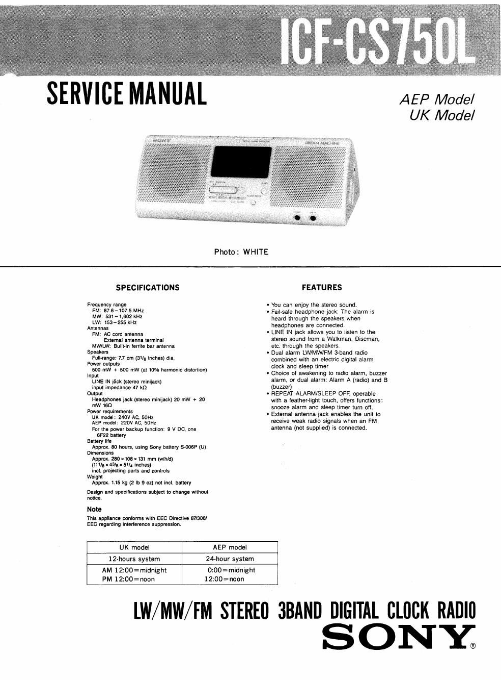sony icf cs 750 l service manual