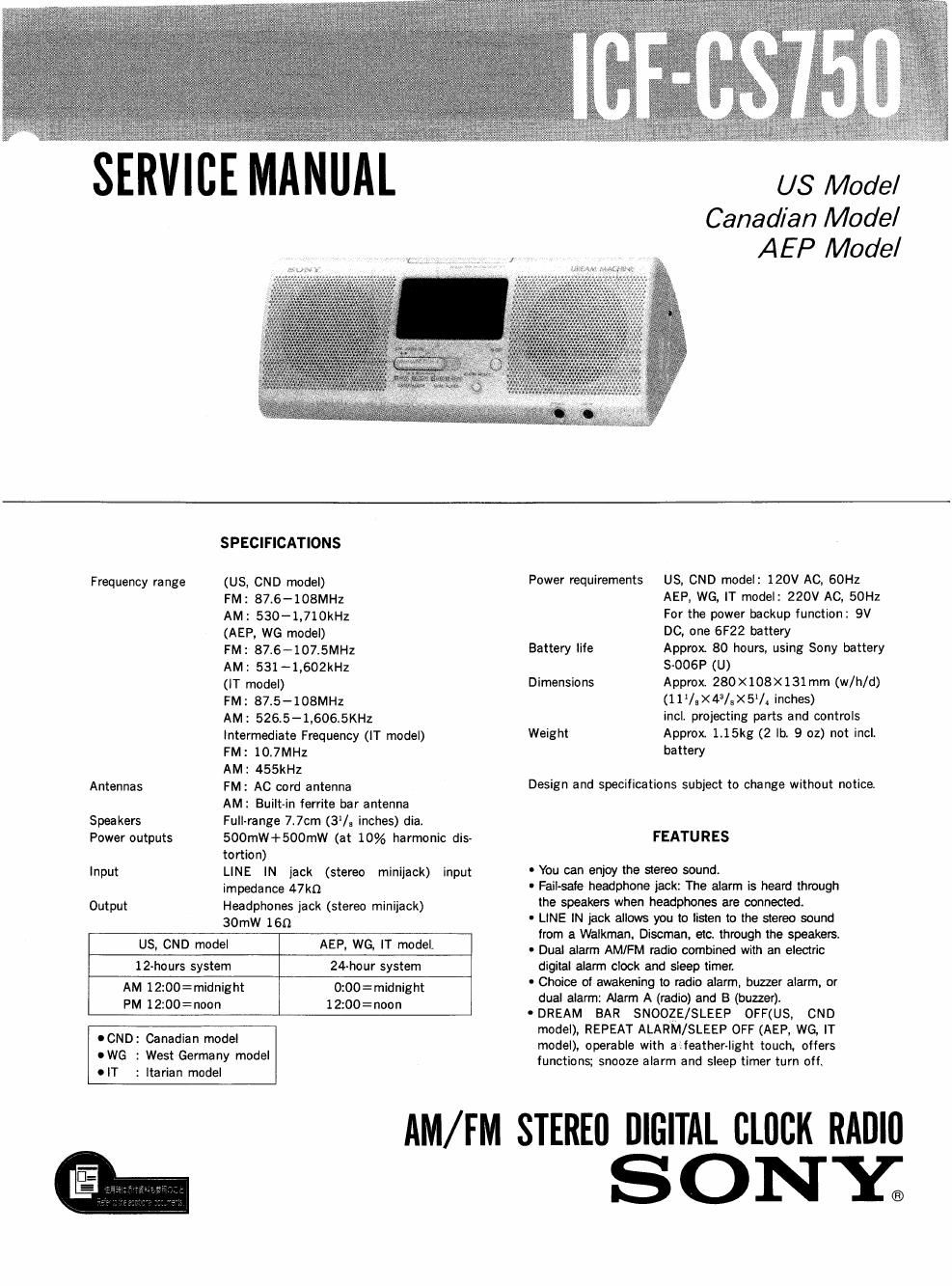 sony icf cs 750 service manual