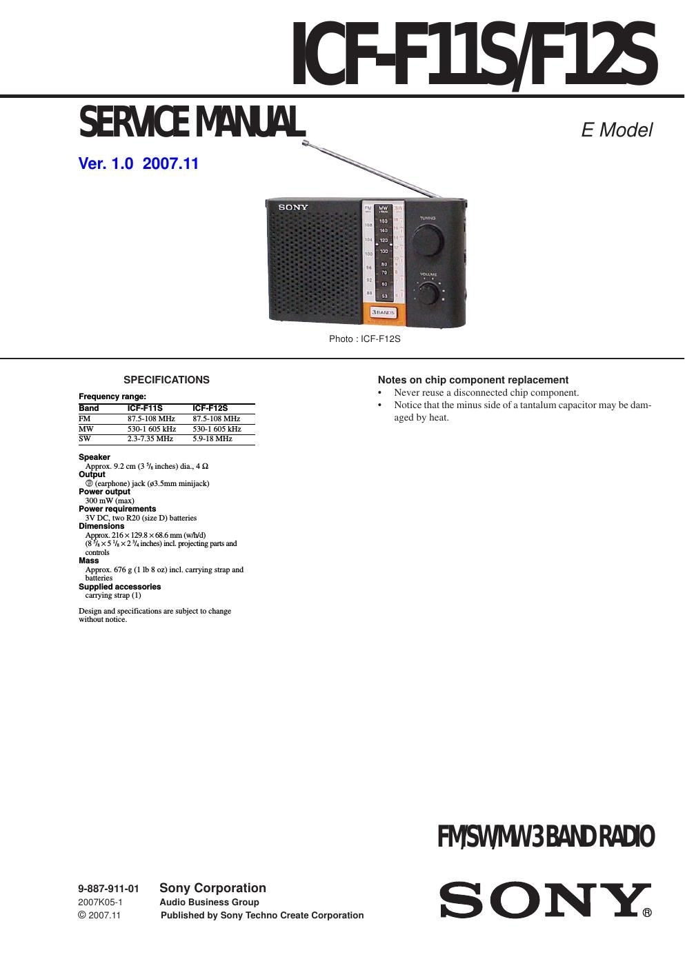 sony icf f 11 s service manual