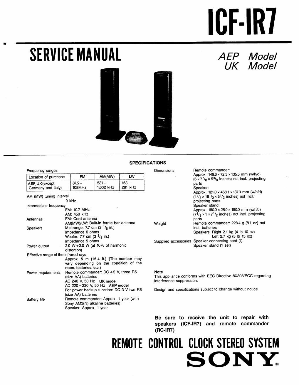 sony icf ir 7 service manual