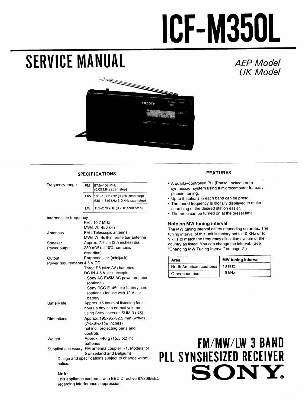 sony icf m 350 l service manual
