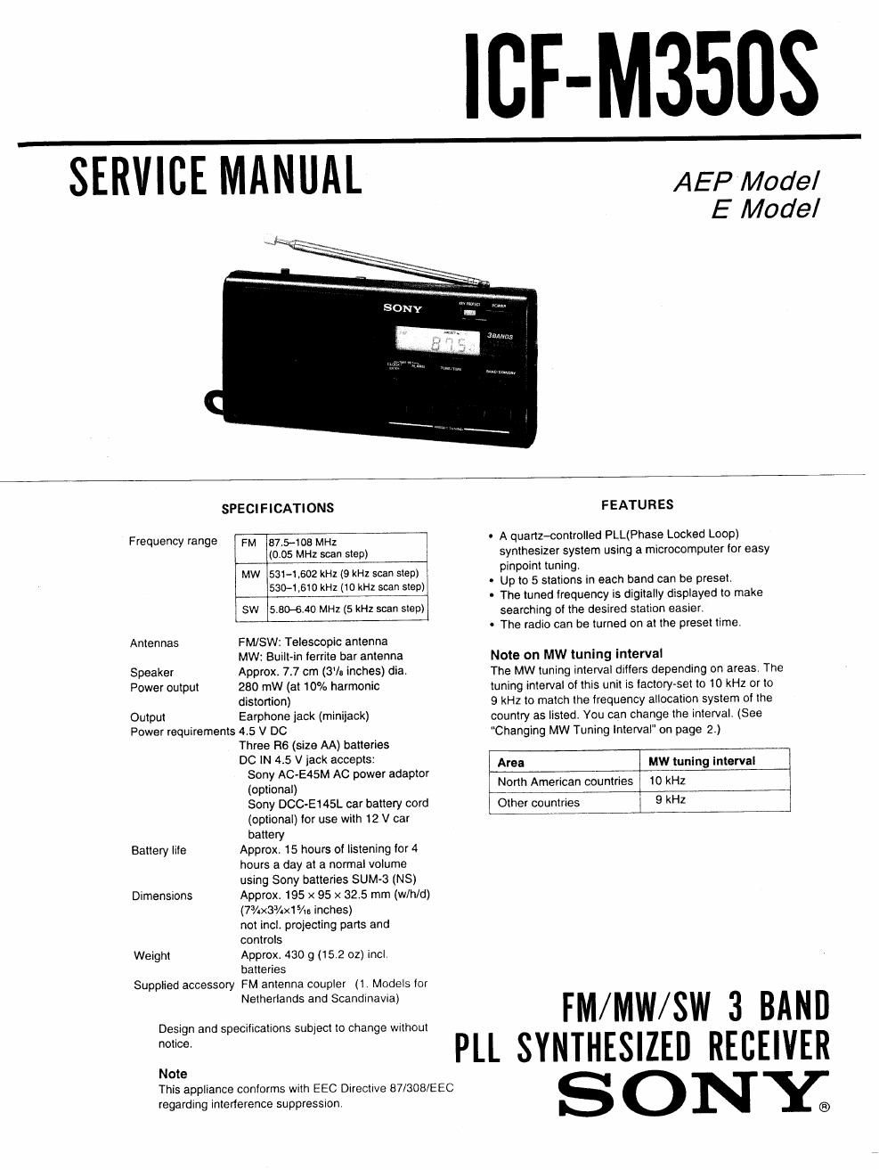sony icf m 350 s service manual