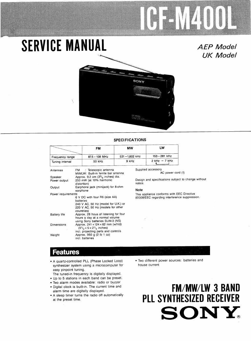 sony icf m 400 l service manual