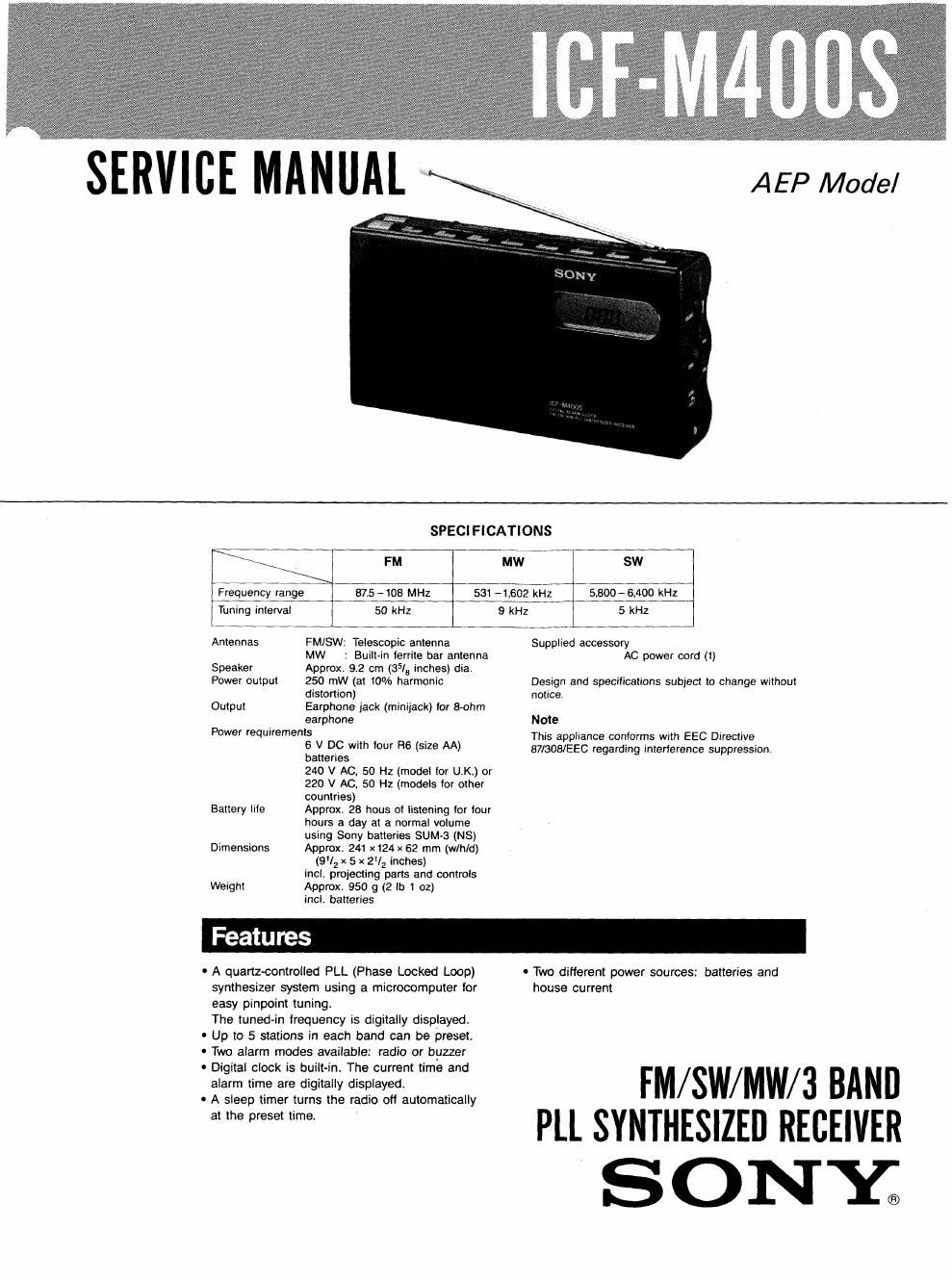 sony icf m 400 s service manual