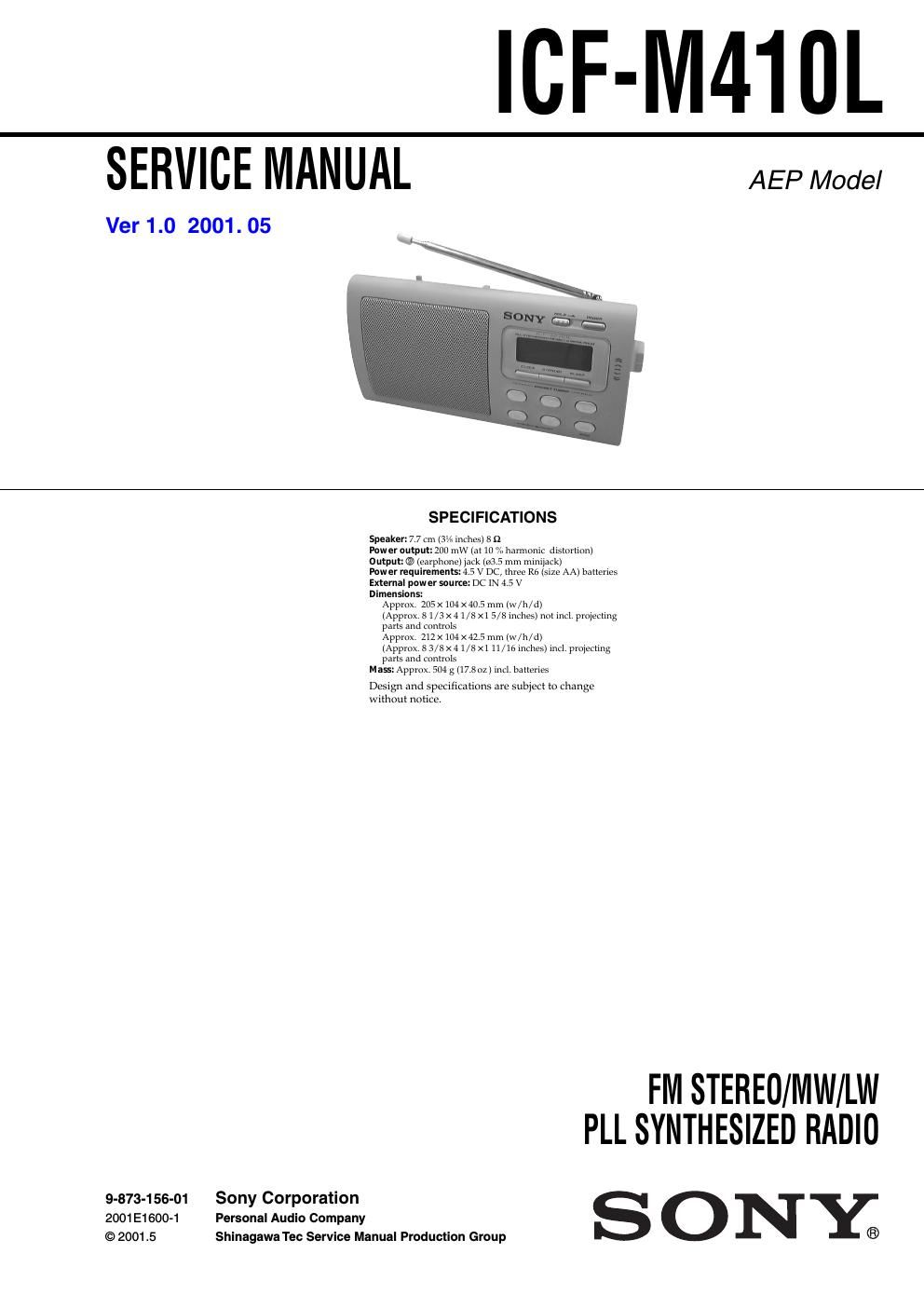 sony icf m 410 l service manual