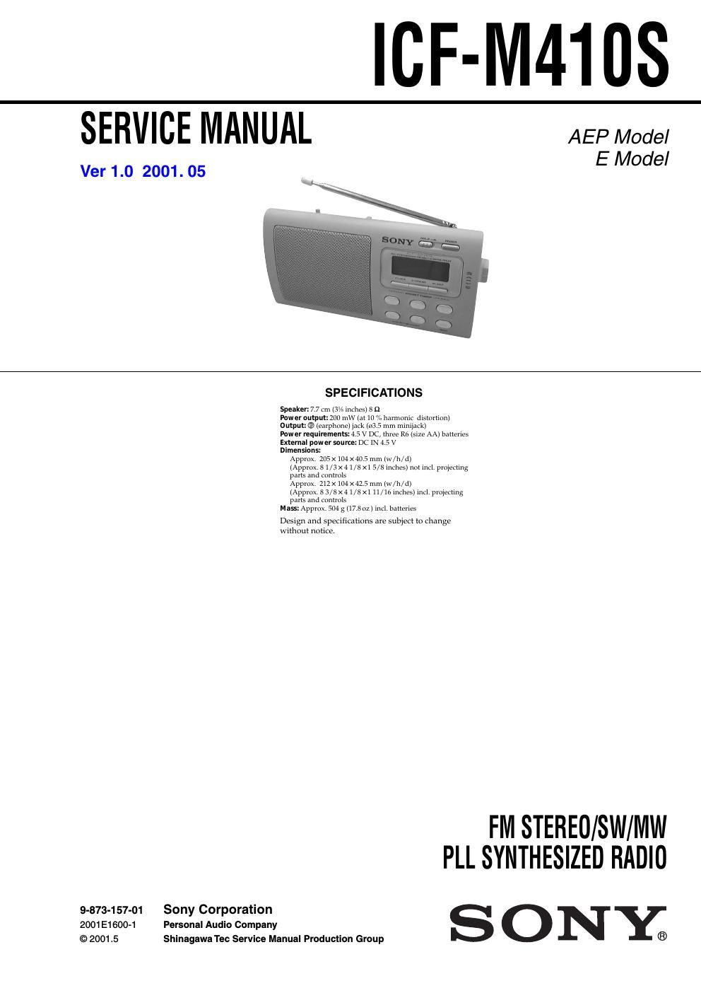 sony icf m 410 s service manual