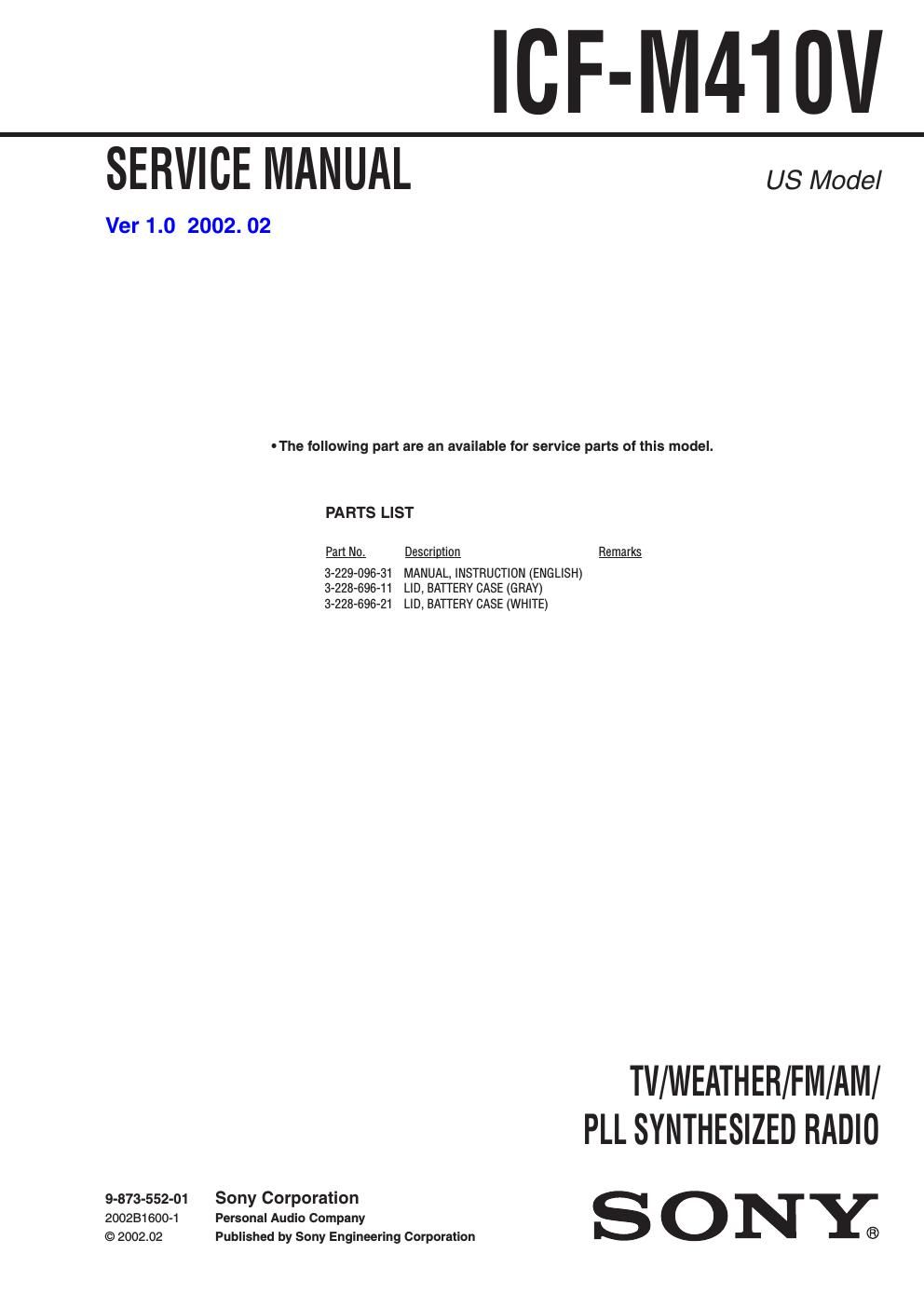 sony icf m 410 v service manual