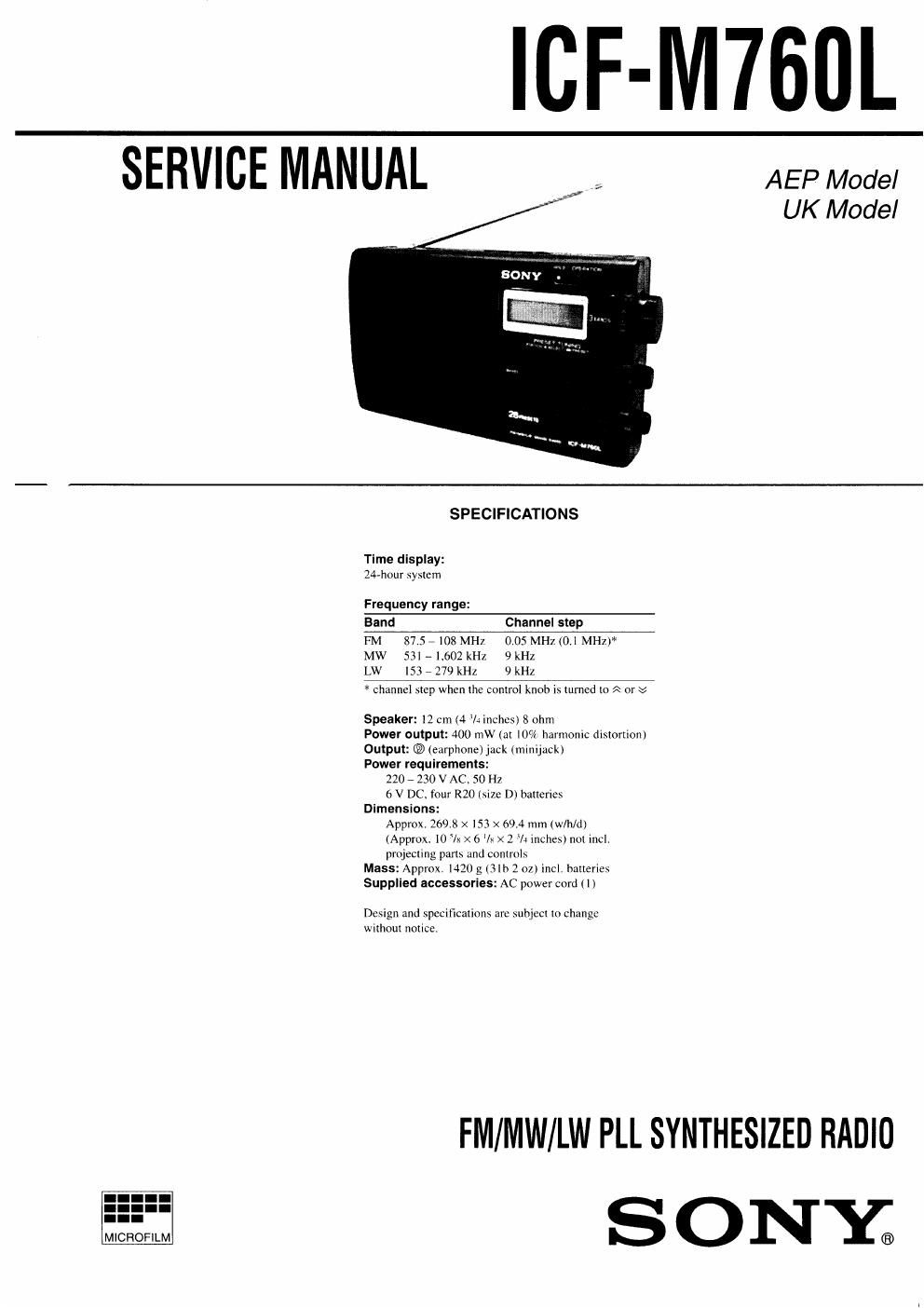 sony icf m 760 l service manual
