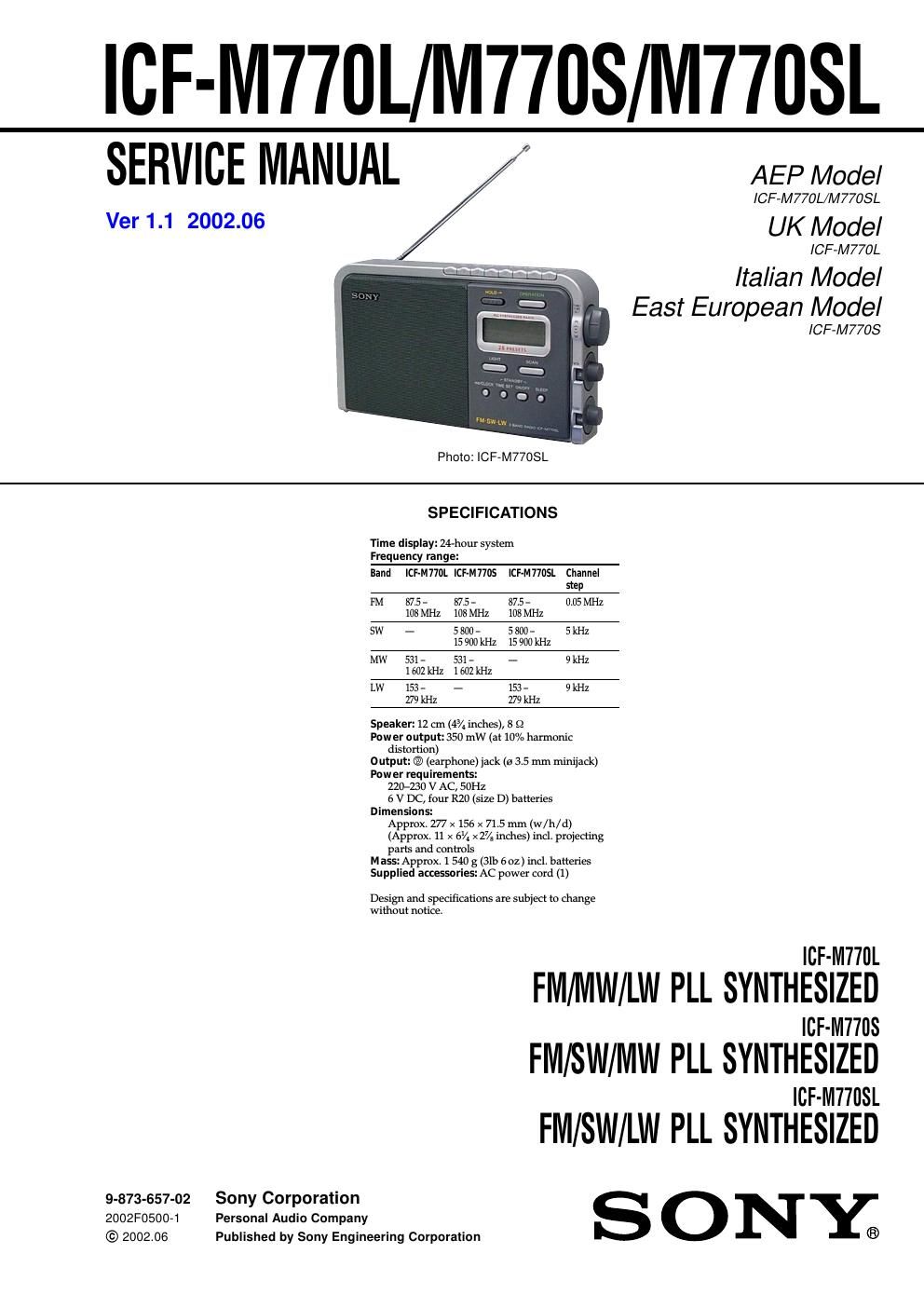 sony icf m 770 l service manual