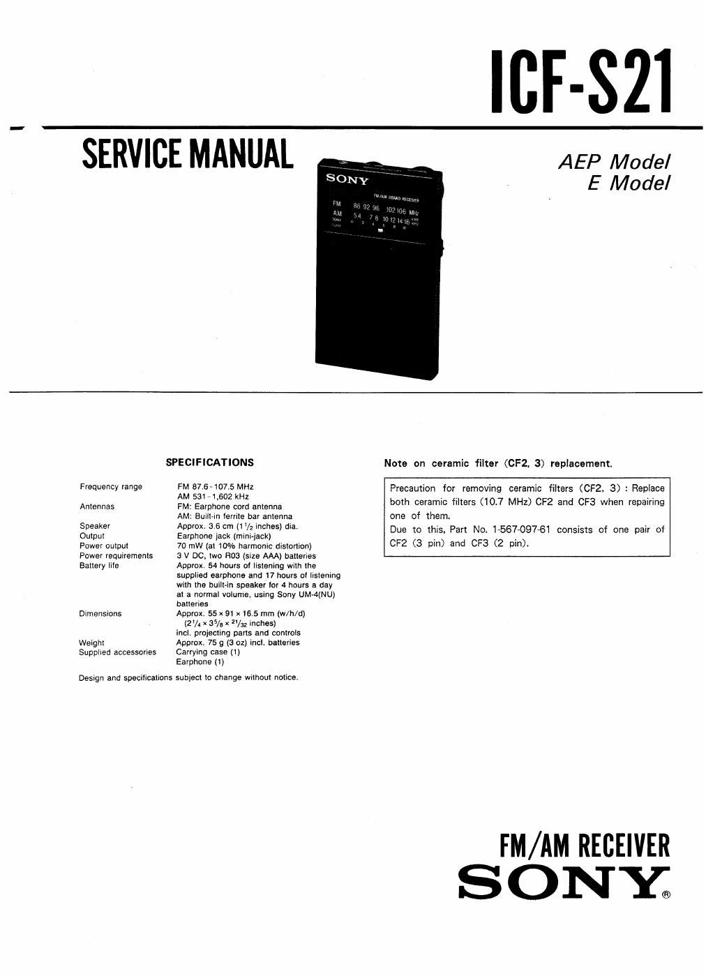 sony icf s 21 service manual