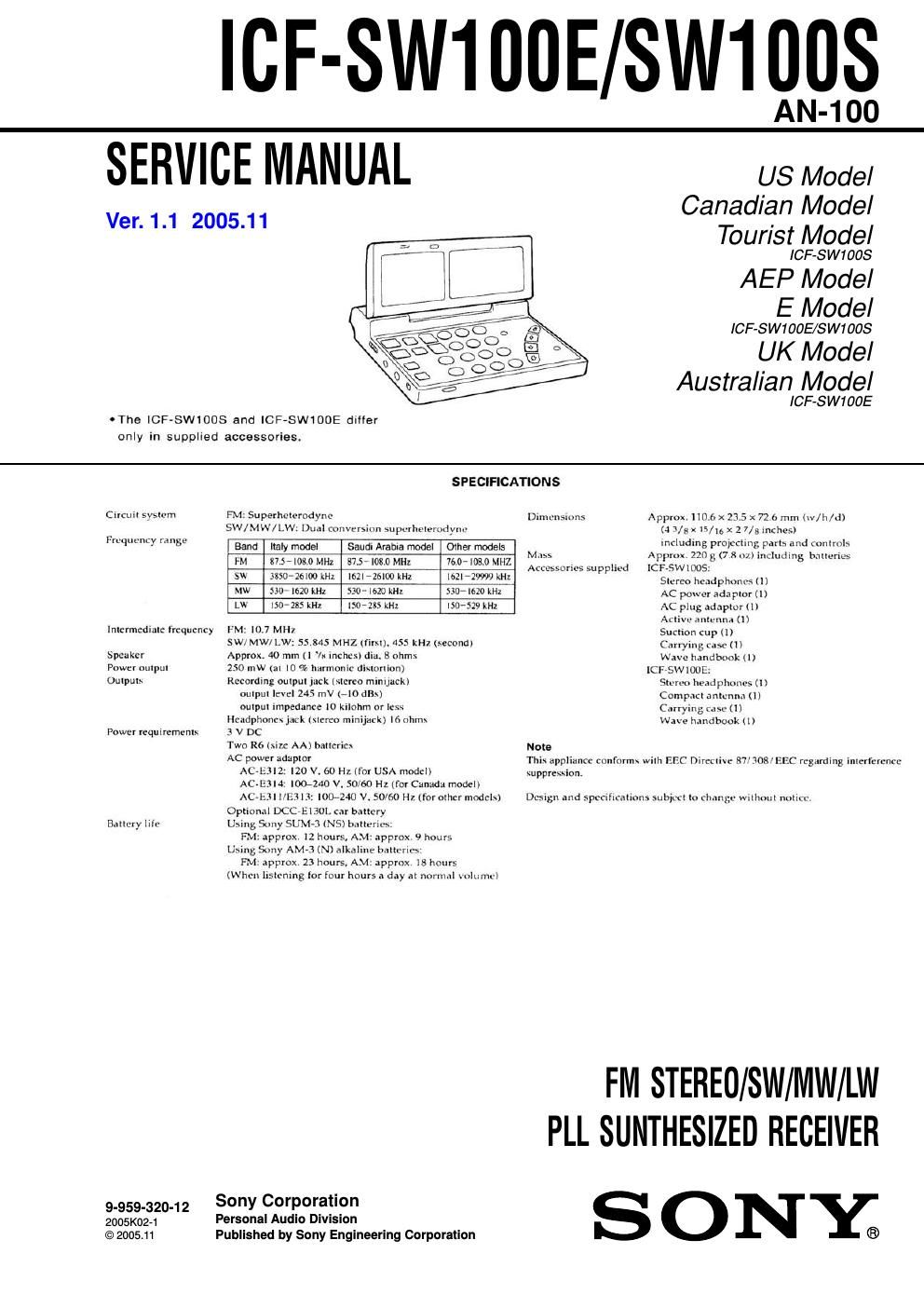 sony icf sw 100 e service manual