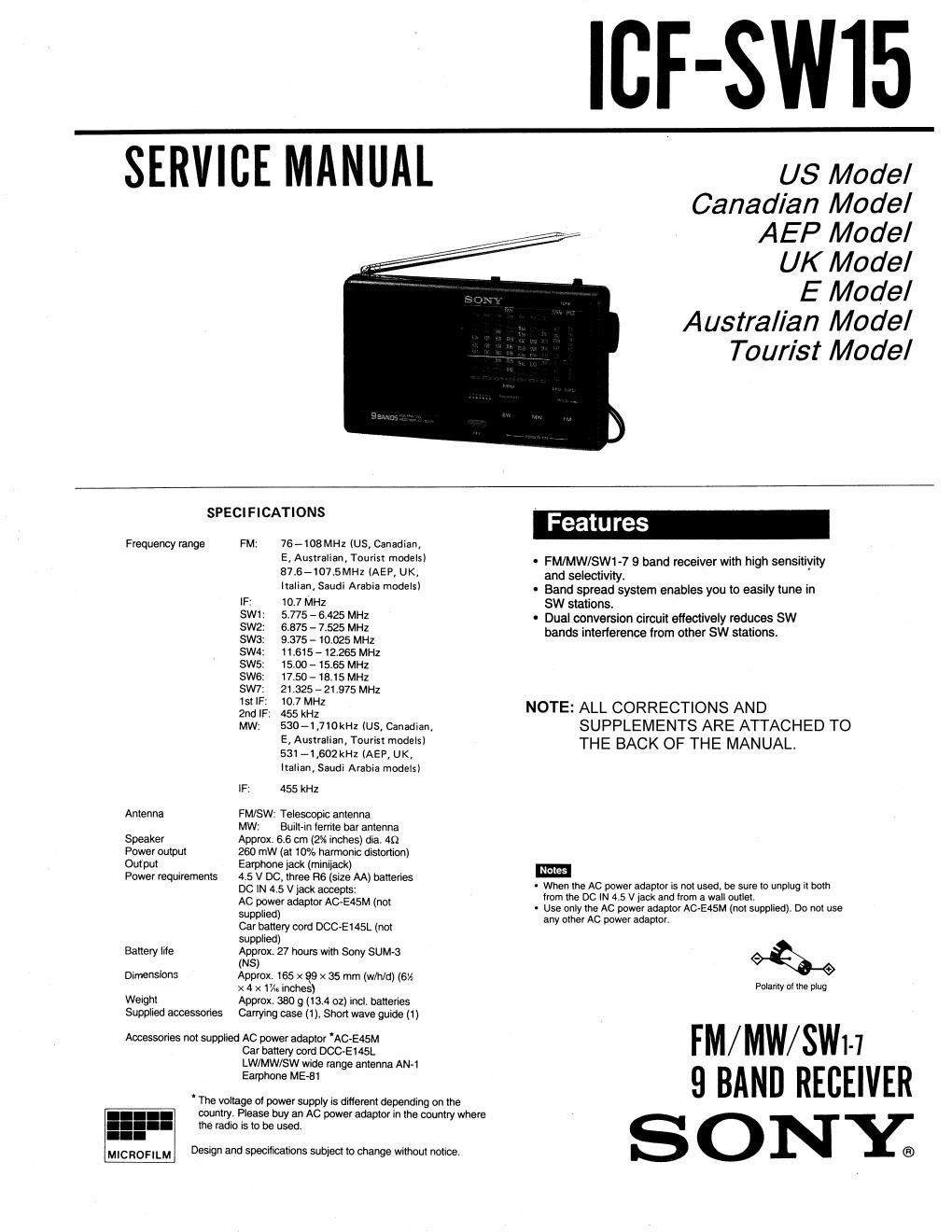 sony icf sw 15 service manual