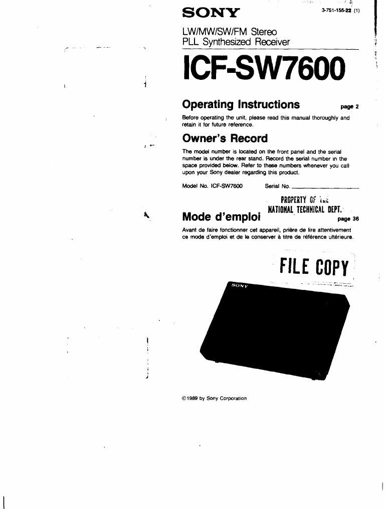 sony icf sw 7600 owners manual