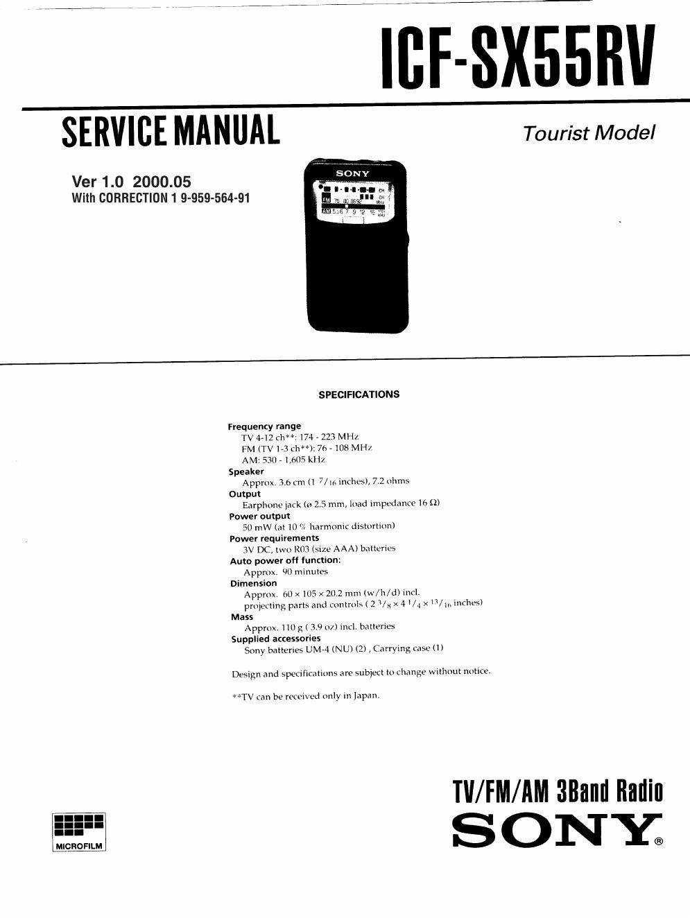 sony icf sx 55 rv service manual