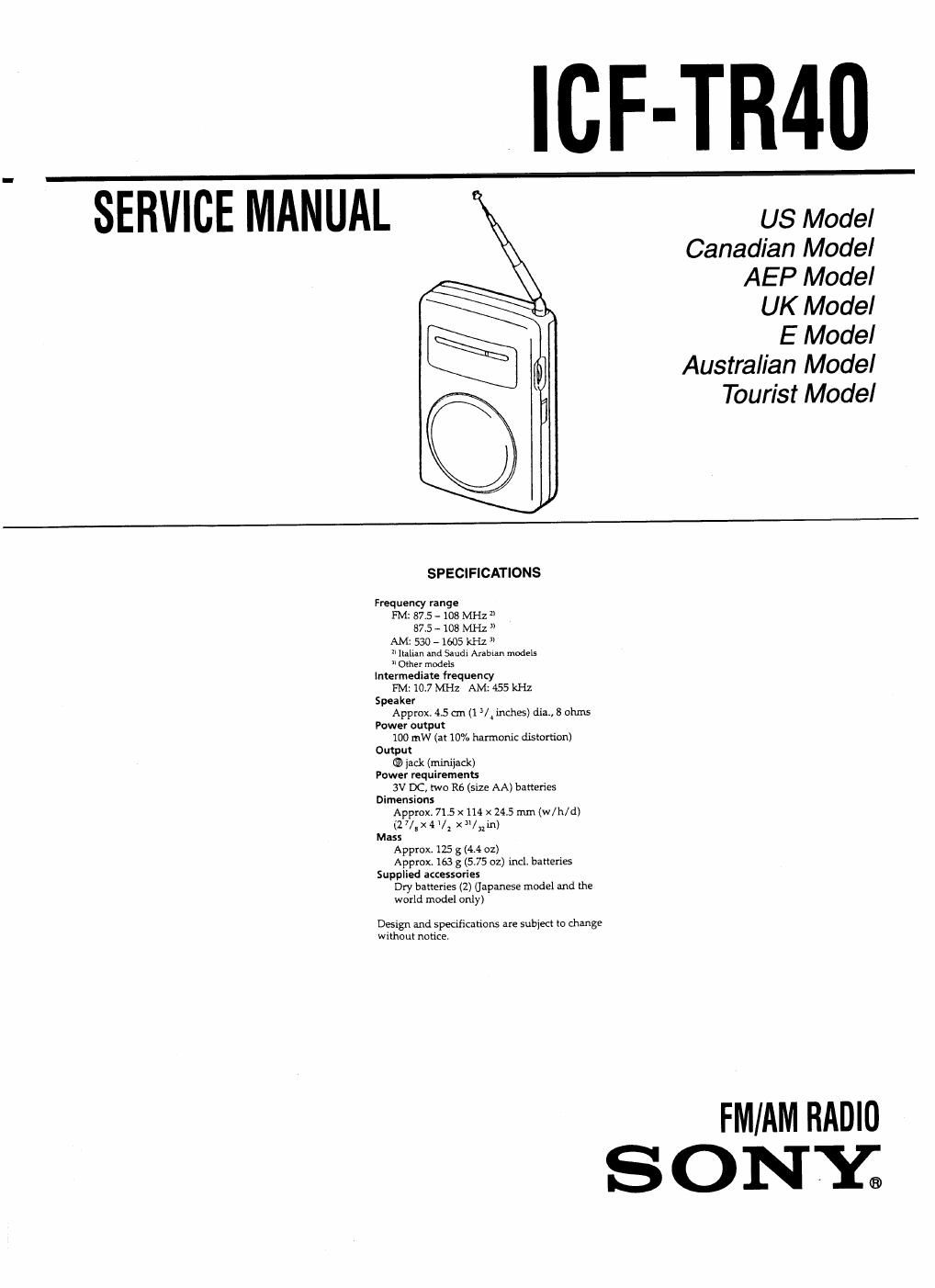 sony icf tr 40 service manual