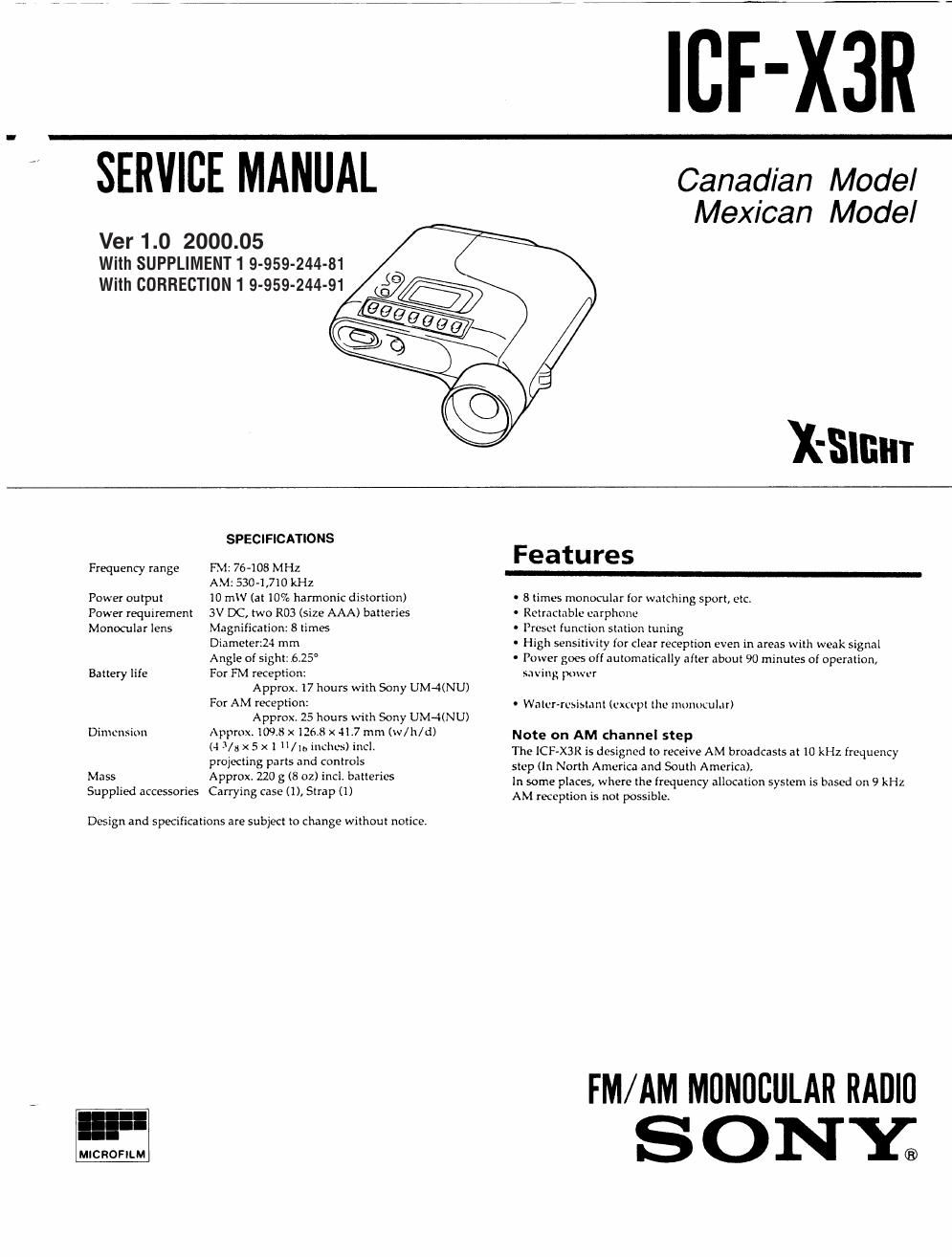 sony icf x 3 r service manual