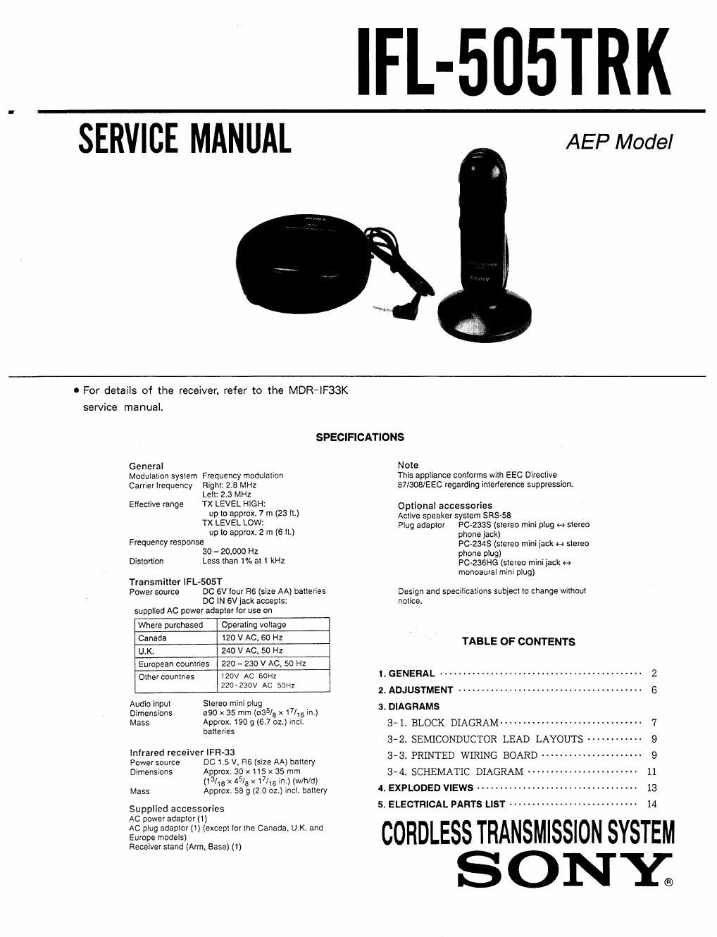 sony ifl 505 trk service manual