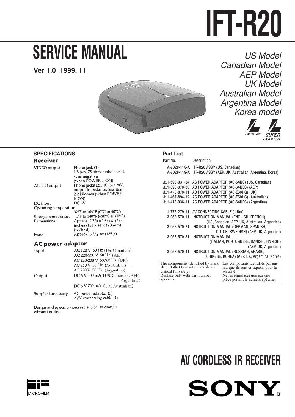 sony iftr 20 service manual