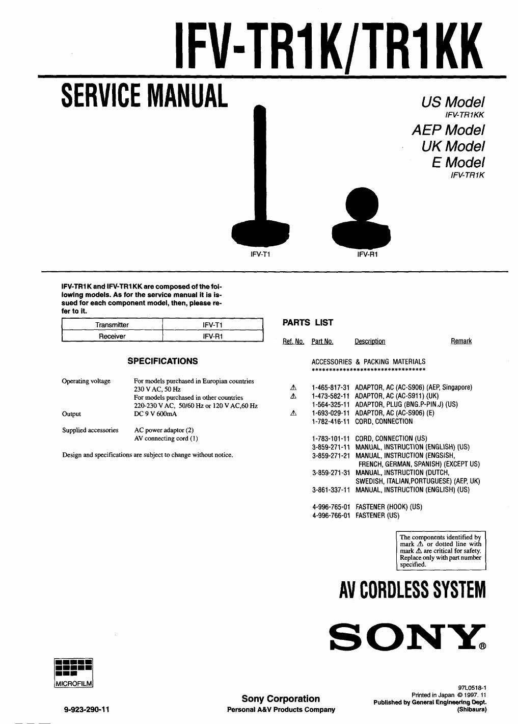 sony ifvtr 1 k service manual