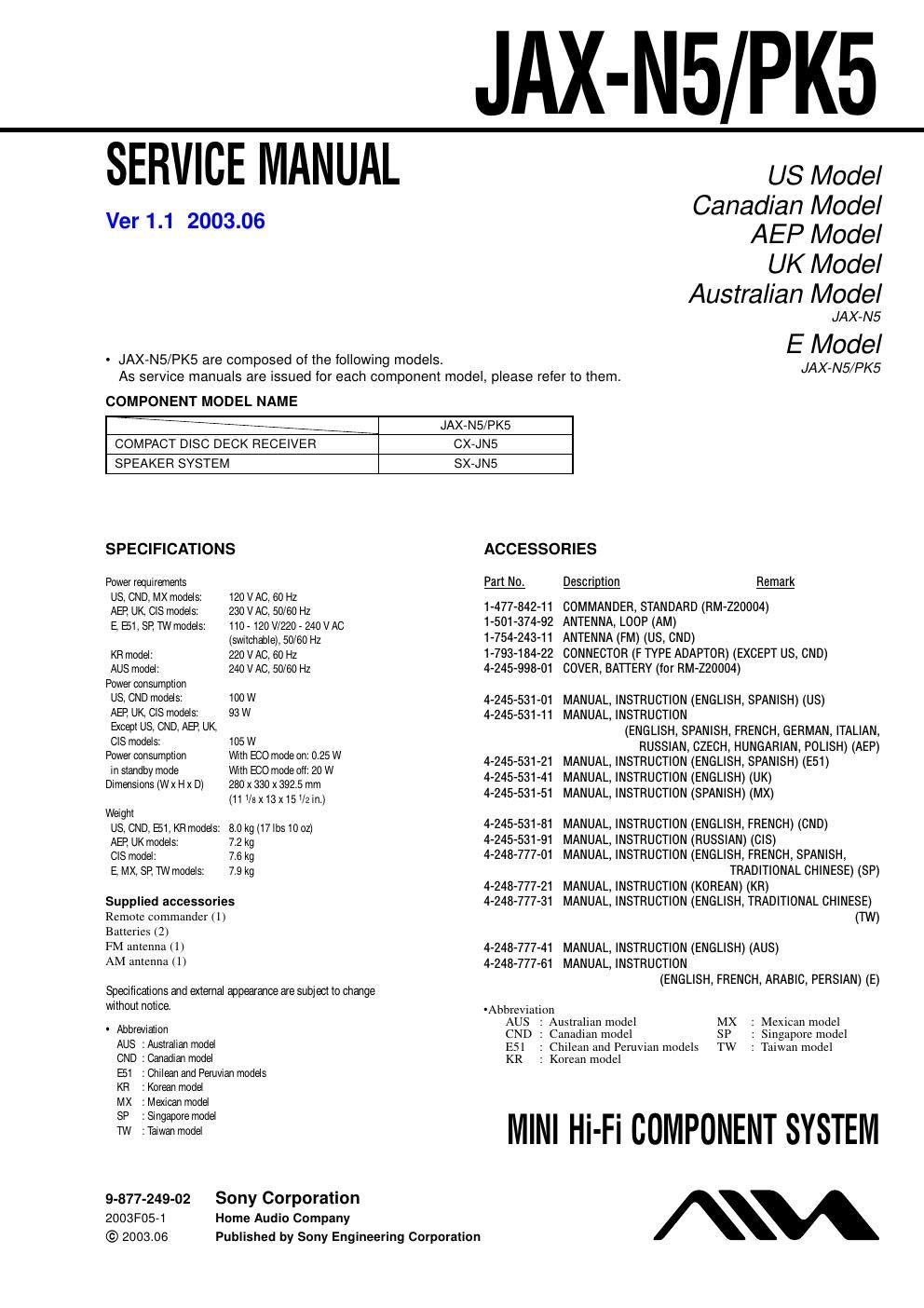 sony jax pk 5 service manual