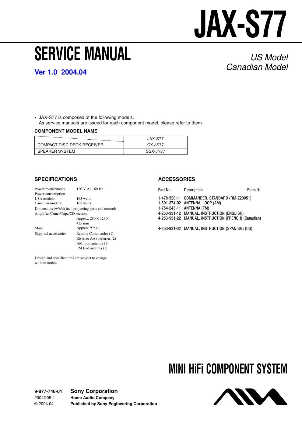 sony jax s 77 service manual