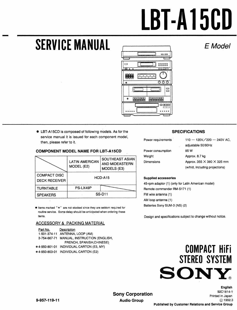 sony lbt a 15 cd service manual