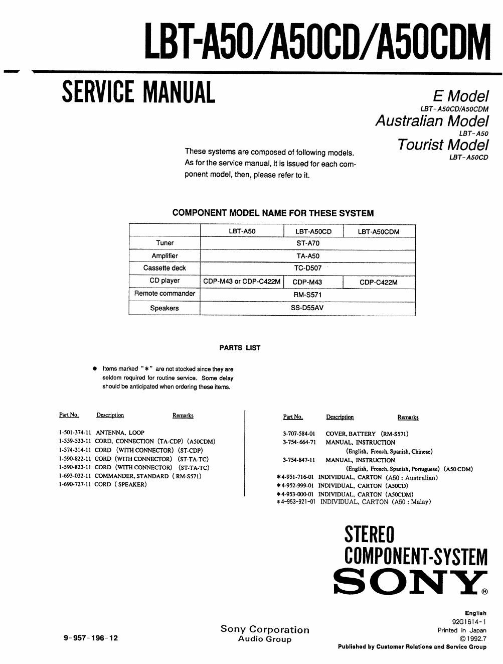 sony lbt a 50 cd service manual