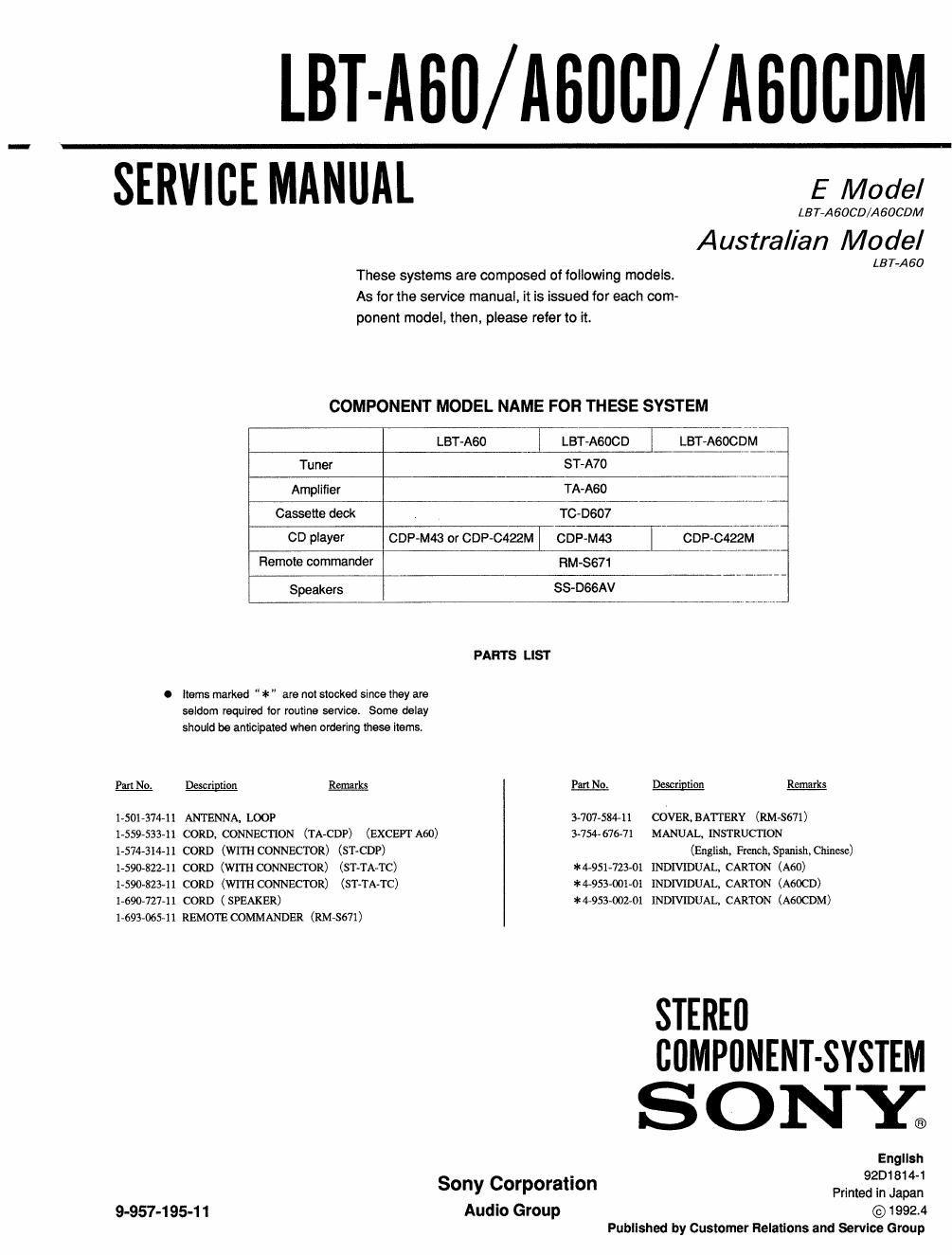 sony lbt a 60 cd service manual