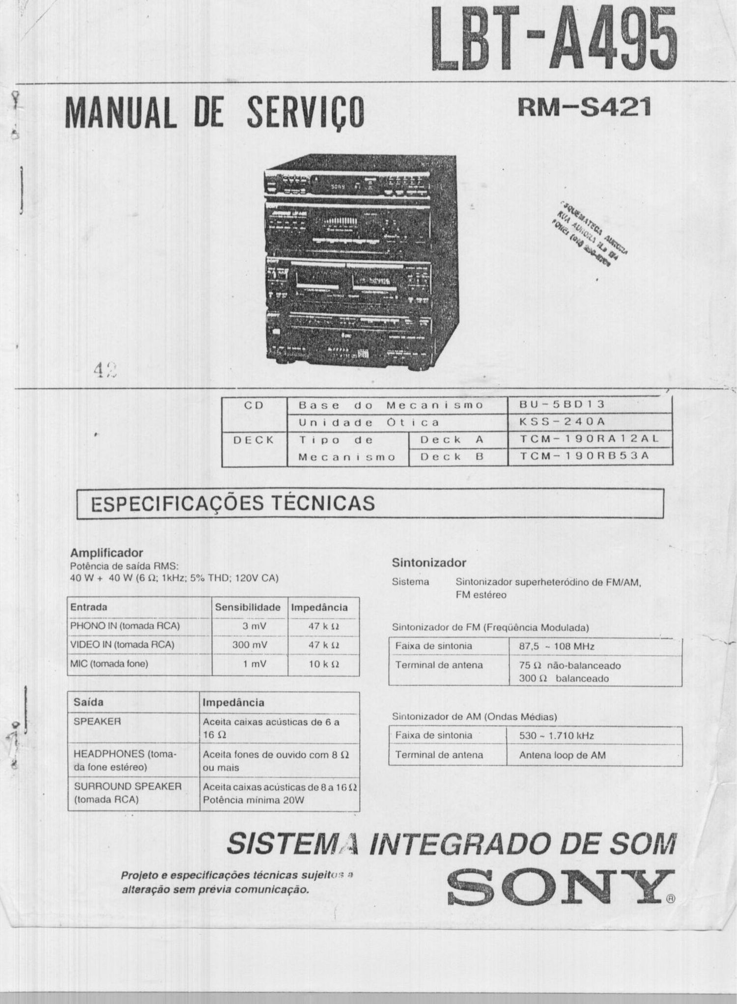 sony lbt a495 manual de servico