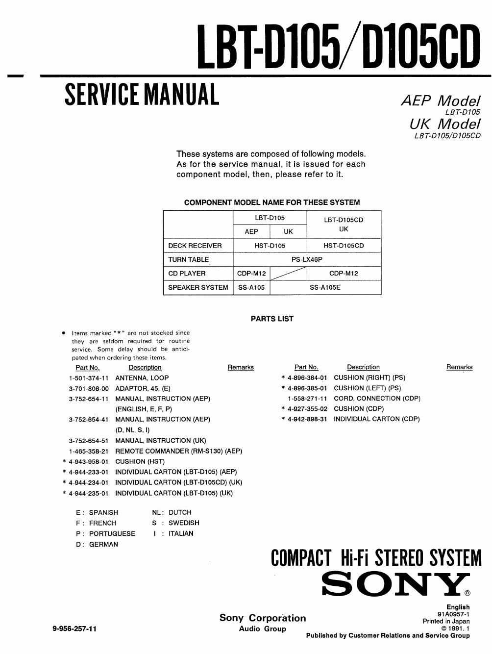 sony lbt d 105 cd service manual