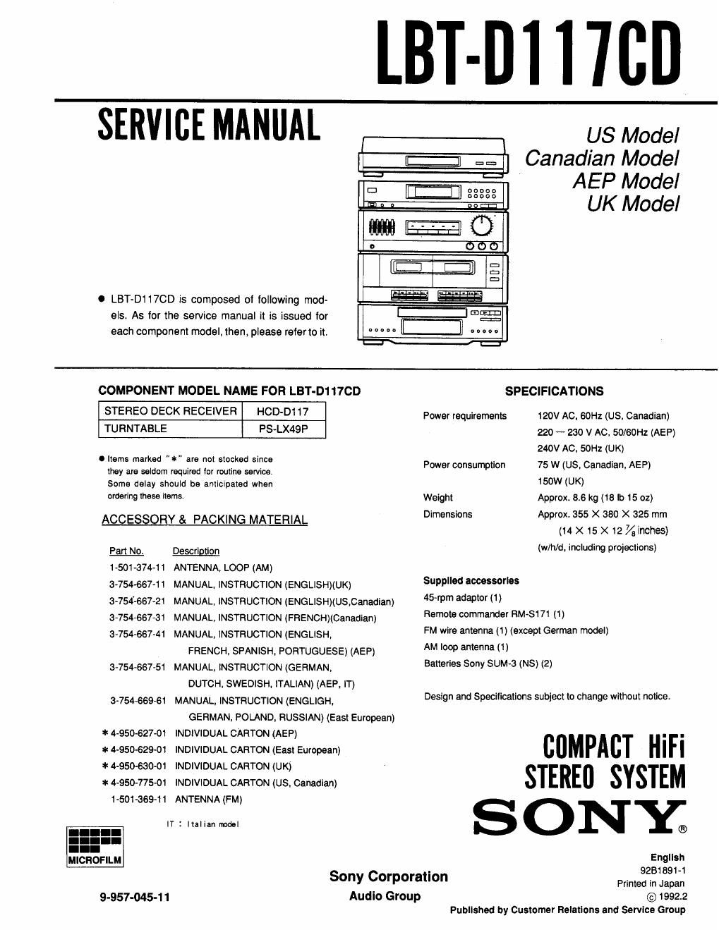 sony lbt d 117 service manual